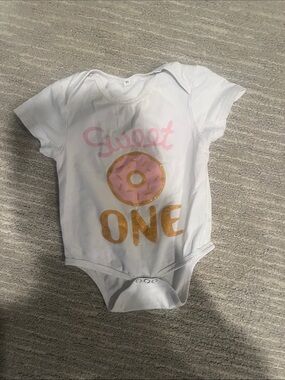 Sweet One White Baby One-Piece with Pink Donut Graphic 12 months